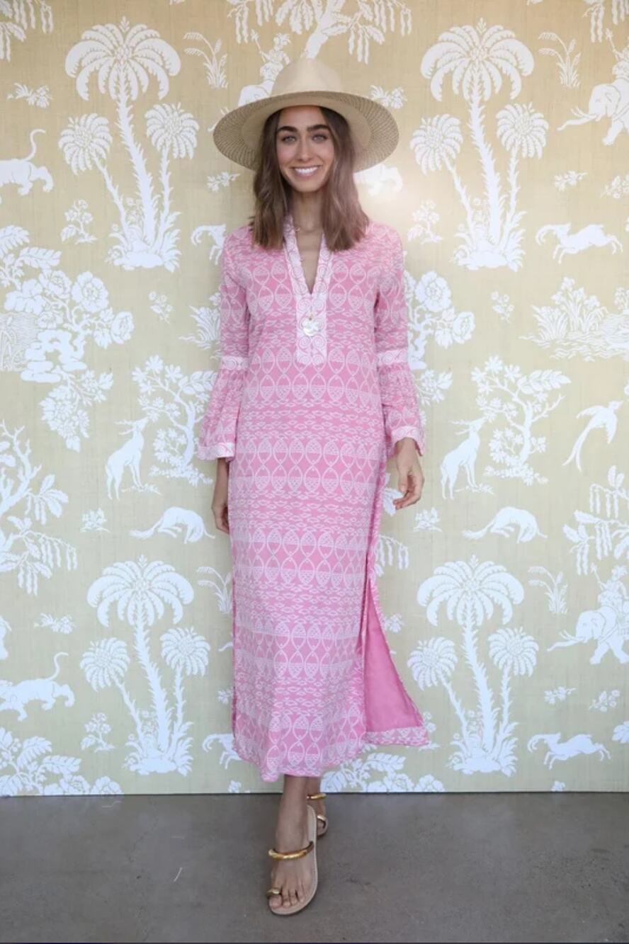 NWT Asha by Ashley McCormick Fernanda Block Print Midi Dress Pink Size Small